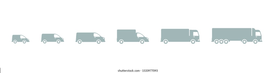 Delivery Icons. Cargo Transportation. Truck Car Size. Transfer Variation Options. Shipping Company. Small, Medium And Large. Silhouette Infographic Vector.