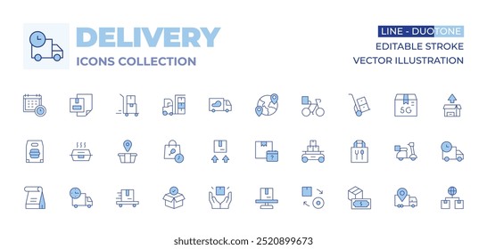 Colección de iconos de entrega. Línea estilo Duotone, carrera editable. compra, planificación, entrega, comida, caja de almuerzo, embalaje, dinero en efectivo, bicicleta, almacén, carro, en todo el mundo.