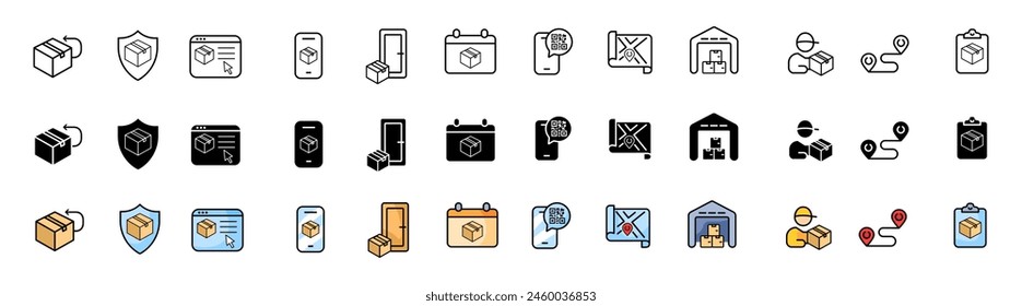 Delivery icons collection. Linear, silhouette and flat style. Vector icons