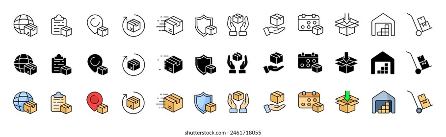 Delivery icons collection. Package icons. Linear, silhouette and flat style. Vector icons