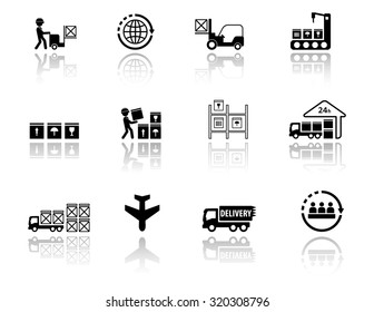 delivery icons collection. set black logistic icons for delivery industry with mirror reflection silhouette