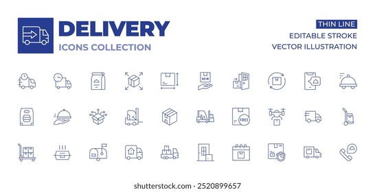 Sammlung von Zustellungssymbolen. Symbole für dünne Linien, editierbarer Strich. digitales Produkt, Türzustellung, Gabelstapler, Briefkasten, fahrender LKW, Produkt, LKW, Lebensmittelzustellung, Verladung, Lunchbox.