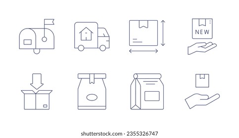 Delivery icons. Editable stroke. Containing mailbox, moving truck, size, new product, packing, paper bag, shipping.