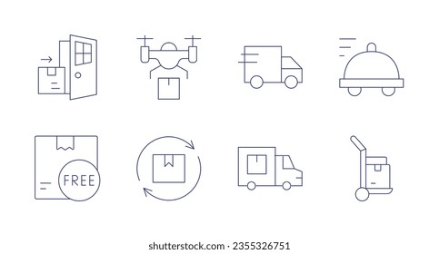 Iconos de entrega. Trazo editable. Conteniendo puerta a puerta, entrega de drones, expreso, comida, entrega gratuita, renovación, envío, camión de mano.