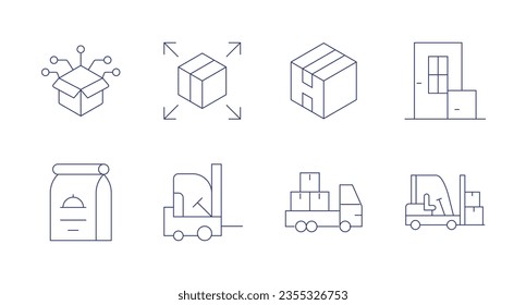 Delivery icons. Editable stroke. Containing digital product, distribution, product, door delivery, food package, forklift, truck.