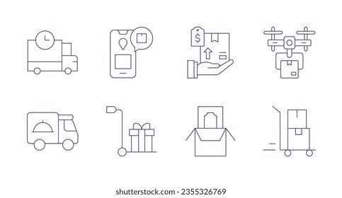 Iconos de entrega. Trazo editable. Con caja de entrega, camión de entrega, entrega, producto digital, distribución.