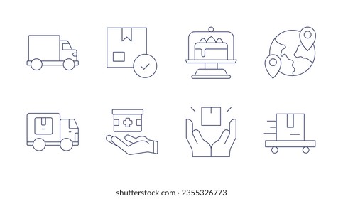Iconos de entrega. Trazo editable. Conteniendo un coche de caja, caja, cúpula de pastel, en todo el mundo, entrega.