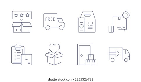 Delivery icons. Editable stroke. Containing best product, free delivery, food delivery, product development, checklist, heart, home delivery, truck.