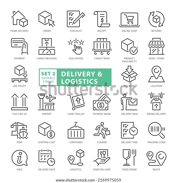 Delivery Icons Full Vector Set Outline: เวกเตอร์สต็อก (ปลอดค่าลิขสิทธิ์ ...