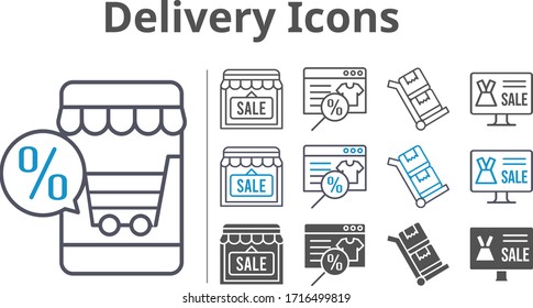 delivery icons icon set included online shop, shop, trolley icons