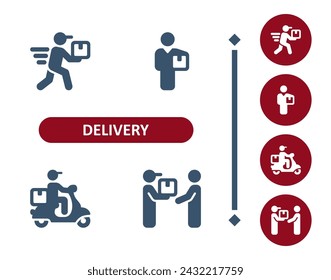 Delivery icons. Delivery man, courier, delivery boy, scooter, package, parcel, delivering icon. Professional, 32x32 pixel perfect vector icon.