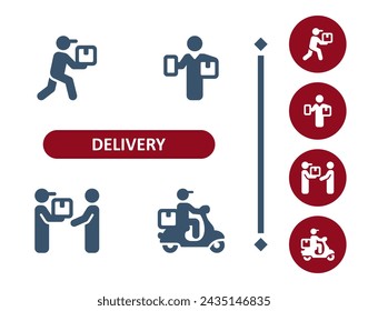 Delivery icons. Delivery man, courier, delivery boy, scooter, package, parcel, delivering icon. Professional, 32x32 pixel perfect vector icon.