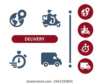 Iconos de entrega. Repartidor, mensajero, mapa, ubicación, destino, scooter, temporizador, cronómetro, icono de la camioneta de entrega. Profesional, Vector perfecto de 32x32 píxeles.