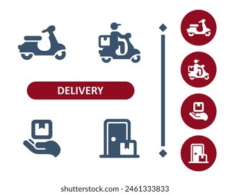 Delivery icons. Delivery man, courier, scooter, hand, box, package, parcel, door, delivering icon. Professional, 32x32 pixel perfect vector icon.