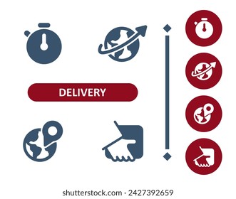 Delivery icons. Delivery man, courier, timer, stopwatch, globe, destination, location, map, hand, delivering icon. Professional, 32x32 pixel perfect vector icon.