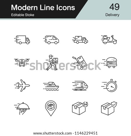 Delivery icons. Modern line design set 49. For presentation, graphic design, mobile application, web design, infographics. Editable Stroke. Vector illustration.