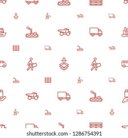 delivery icons pattern seamless white background. Included editable outline truck, box, cargo box, conveyor and robot arm, courier, van icons. delivery icons for web and mobile.