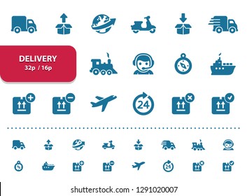 Delivery Icons. Professional, pixel perfect icons, EPS 10 format, optimized for 32p and 16p (2x magnification for preview).