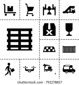 Delivery icons. set of 13 editable filled delivery icons such as truck crane, van, box, question box, cargo box, cargo on cart, taxi, shopping cart, medical drone