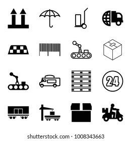 Delivery icons. set of 16 editable filled and outline delivery icons such as box, cargo arrow up, conveyor and robot arm, cart cargo, van, 24 hours, taxi