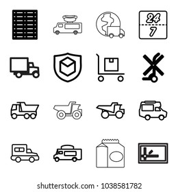 Delivery icons. set of 16 editable outline delivery icons such as truck, van, cargo on cart, 24 7 hour, parcel, cargo box, no standing nearby, cargo insurance