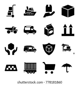 Delivery icons. set of 16 editable filled delivery icons such as taxi, truck, box, ship, van, take away food, shopping cart, cargo arrow up, keep dry cargo