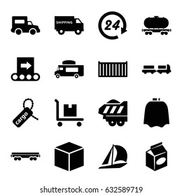 Delivery icons set. set of 16 delivery filled icons such as truck with luggage, hairdresser peignoir, van, take away food, cargo box, cargo tag, truck, conveyor, 24 hours