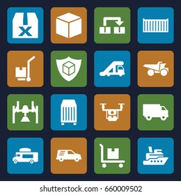 Delivery icons set. set of 16 delivery filled icons such as truck crane, truck, van, cargo box, cargo on cart, delivery car, object move, box, question box, medical drone