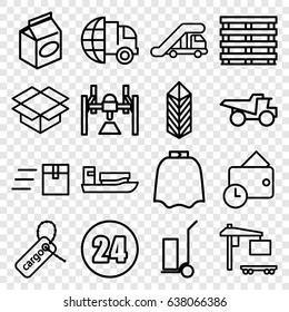 Delivery icons set. set of 16 delivery outline icons such as truck crane, hairdresser peignoir, cart cargo, truck, take away food, cargo box, box, wallet, 24 hours