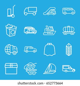 Delivery icons set. set of 16 delivery outline icons such as truck crane, hairdresser peignoir, van, truck, cart cargo, take away food, cargo, box, ship