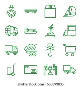 Delivery icons set. set of 16 delivery outline icons such as cart cargo, van, no standing nearby, no cargo warning, box, truck, ship, parcel, shopping cart