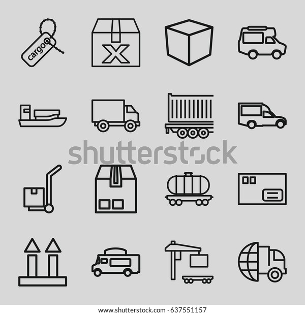 Delivery icons set. set of 16 delivery outline icons\
such as van, tag, cargo arrow up, international delivery, ship,\
parcel, box, question\
box