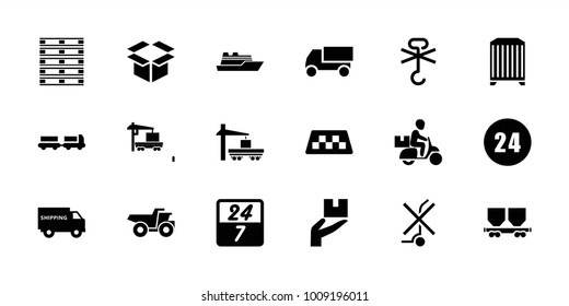 Delivery icons. set of 18 editable filled delivery icons: taxi, truck with luggage, truck, no cargo warning, cargo wagon, 24 hours, 24 7 hour, ship, box, no standing nearby
