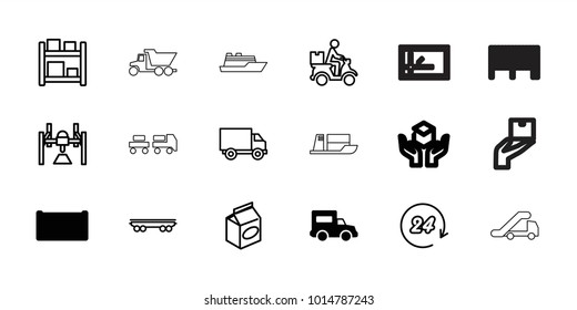 Delivery icons. set of 18 editable outline delivery icons: truck, take away food, box, cargo wagon, courier on motorcycle, storage, 24 hours, truck with luggage, truck crane