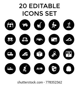 Delivery icons. set of 20 editable filled delivery icons such as truck crane, hairdresser peignoir, truck, parcel, van. best quality delivery elements in trendy style.