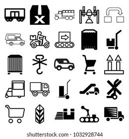 Delivery icons. set of 25 editable filled and outline delivery icons such as cart cargo, question box, no cargo warning, conveyor and robot arm, truck, van, shopping cart, box