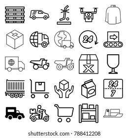 Delivery icons. set of 25 editable outline delivery icons such as truck, take away food, shopping cart, question box, medical drone, cargo box, fragile cargo, handle with care