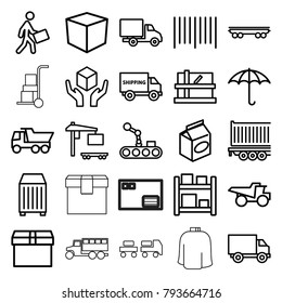 Delivery icons. set of 25 editable outline delivery icons such as parcel, truck, box, take away food, keep dry cargo, handle with care, cargo container, bar code, courier