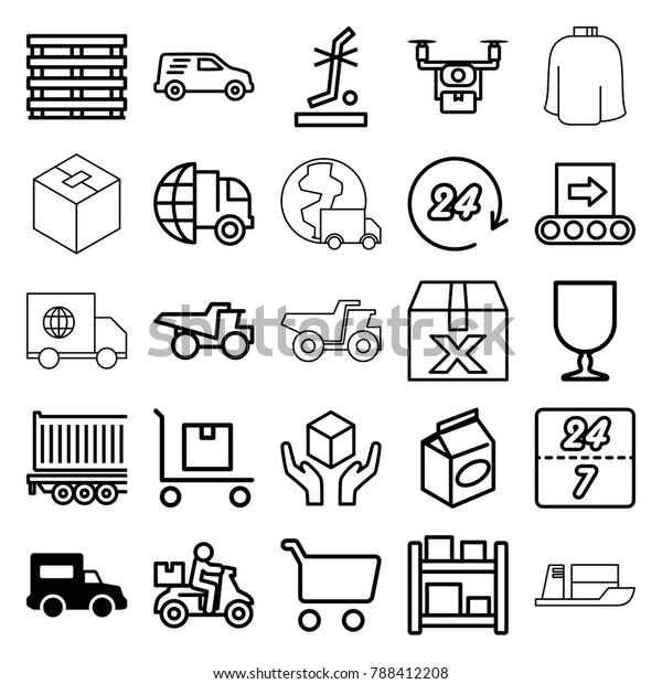 Delivery icons. set\
of 25 editable outline delivery icons such as truck, take away\
food, shopping cart, question box, medical drone, cargo box,\
fragile cargo, handle with\
care