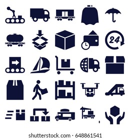Delivery icons set. set of 25 delivery filled icons such as truck crane, hairdresser peignoir, van, keep dry cargo, handle with care, cargo on cart, courier, box, wallet
