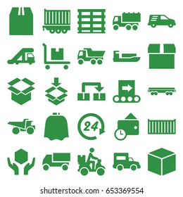 Delivery icons set. set of 25 delivery filled icons such as truck crane, hairdresser peignoir, truck, cargo box, handle with care, box, cargo on cart, courier on motorcycle