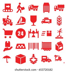 Delivery icons set. set of 25 delivery filled icons such as taxi, truck, van, take away food, keep dry cargo, fragile cargo, no standing nearby, bar code, courier