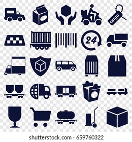 Delivery icons set. set of 25 delivery filled icons such as taxi, truck with luggage, van, truck, cart cargo, take away food, cargo tag, handle with care, bar code