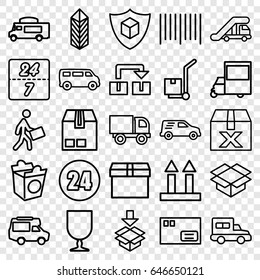 Delivery icons set. set of 25 delivery outline icons such as truck crane, van, take away food, cargo arrow up, fragile cargo, box, bar code, courier, delivery car, truck