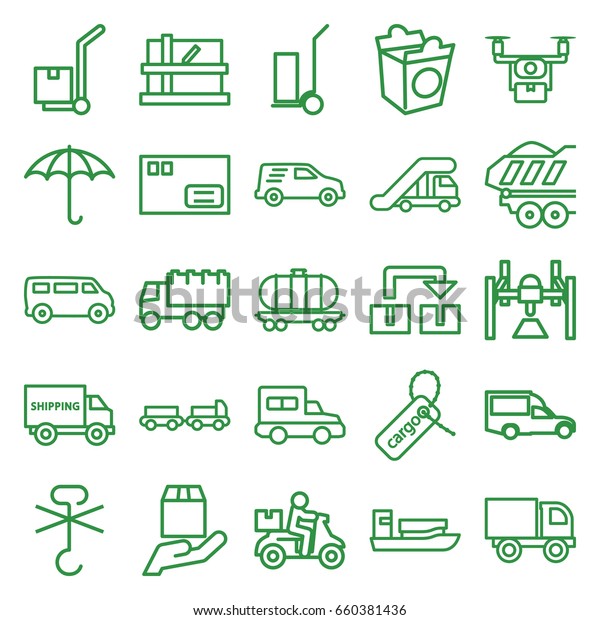 Delivery icons set.\
set of 25 delivery outline icons such as truck with luggage, truck\
crane, parcel, van, cart cargo, take away food, cargo tag, ship,\
box, medical drone