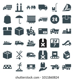 Delivery icons. set of 36 editable filled delivery icons such as truck, parcel, box, ship, sailboat, van, take away food, question box, no standing nearby, cargo wagon
