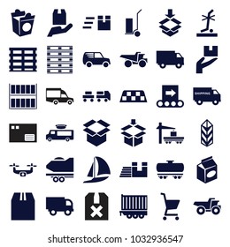 Delivery icons. set of 36 editable filled delivery icons such as cart cargo, truck, take away food, cargo box, box, no standing nearby, shipping truck, conveyor, taxi, parcel