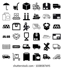 Delivery icons. set of 36 editable filled and outline delivery icons such as taxi, truck with luggage, van, box, ship, cargo on cart, cargo container, truck