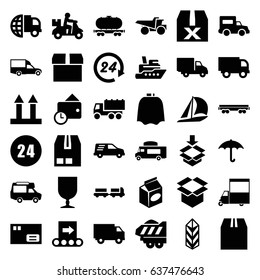 Delivery icons set. set of 36 delivery filled icons such as truck with luggage, hairdresser peignoir, truck, van, take away food, cargo arrow up, keep dry cargo, box, wallet