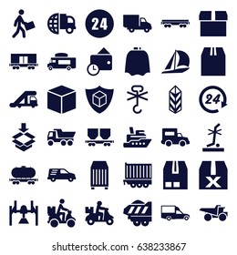 Delivery icons set. set of 36 delivery filled icons such as truck crane, hairdresser peignoir, truck, van, no standing nearby, no cargo warning, cargo, courier